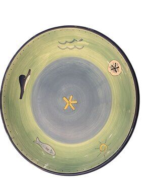 Brushes Hand Painted KIC Large 13" Ceramic Serving Bowl Ocean Waves Starfish